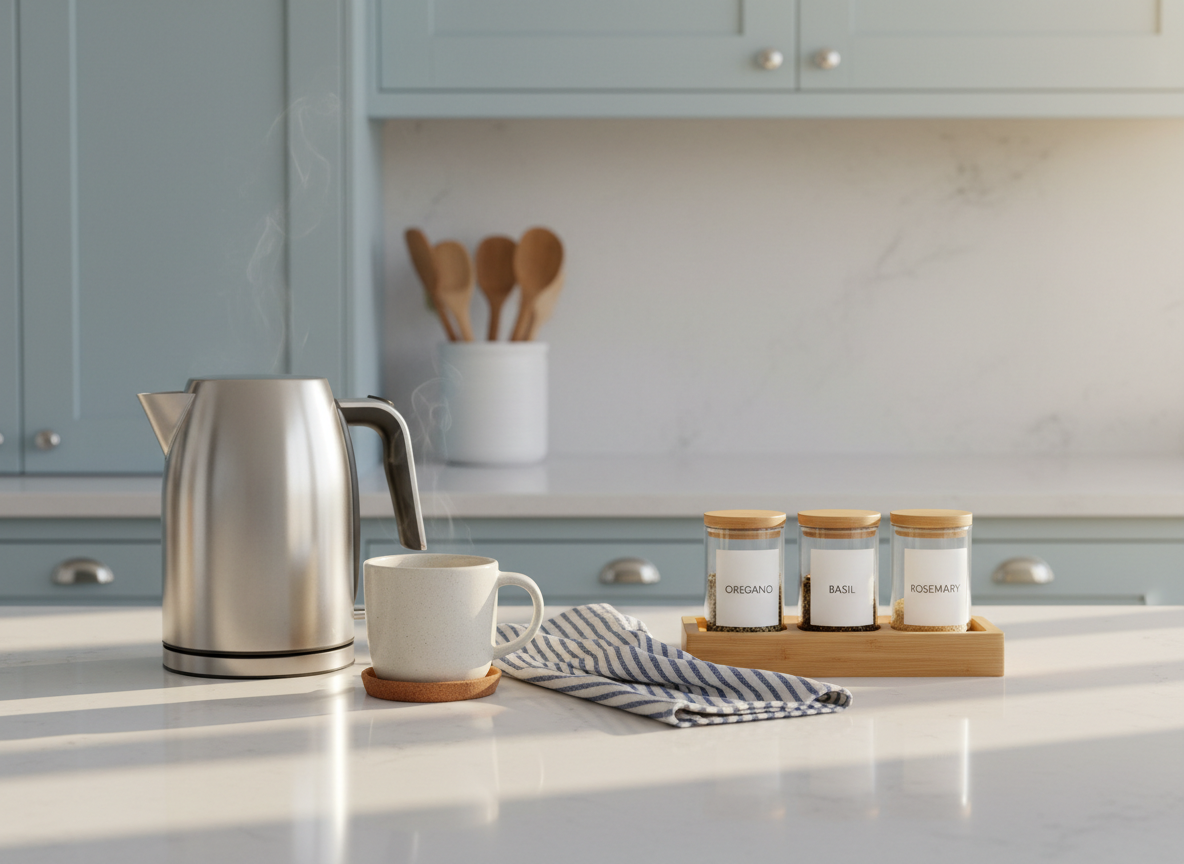 A serene kitchen counter scene displaying practical, cozy home finds in a clean, professional photographic style. On a smooth white quartz countertop sits an electric kettle with a brushed stainless-steel body, a stoneware mug on a cork coaster, a neatly folded striped cotton dish towel, and a small bamboo tray holding glass spice jars with uniform labels. In the background, a soft-focus view of pale shaker cabinets and a simple ceramic utensil crock adds context. Warm, late-afternoon sunlight washes in from the right, casting elongated, gentle shadows and subtle reflections on the quartz surface. Shot from a slightly elevated angle, the centered composition feels airy and clutter-free, conveying a mood of calm efficiency and everyday comfort, perfect for illustrating affiliate kitchen and home-organization essentials loved by real moms.