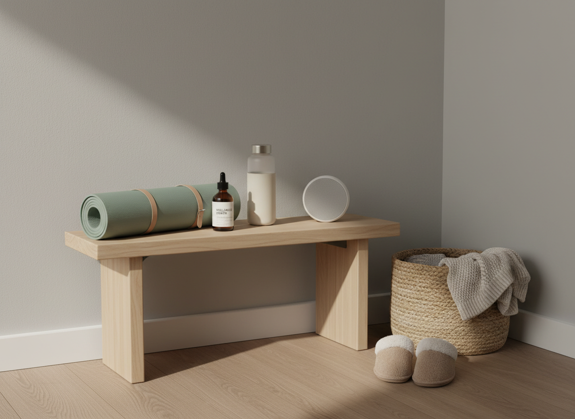 A minimalist wellness corner highlighting affiliate wellness essentials in detailed photographic realism. A low, light-wood bench sits against a soft greige wall. On the bench rests a neatly rolled sage-green yoga mat, a frosted-glass water bottle with a silicone sleeve, a small wireless speaker, and an amber-glass bottle of supplements with a clean, modern label. Beside the bench, a simple woven basket contains a neatly folded, textured cream throw and a pair of plush, neutral-tone slippers. Soft, diffused morning light enters from a nearby unseen window, creating a peaceful glow and gentle shadows along the floor. Captured from a slightly low, three-quarter angle, the composition uses ample negative space above the bench for text overlay, communicating a serene, nurturing atmosphere that supports busy moms’ wellness routines.