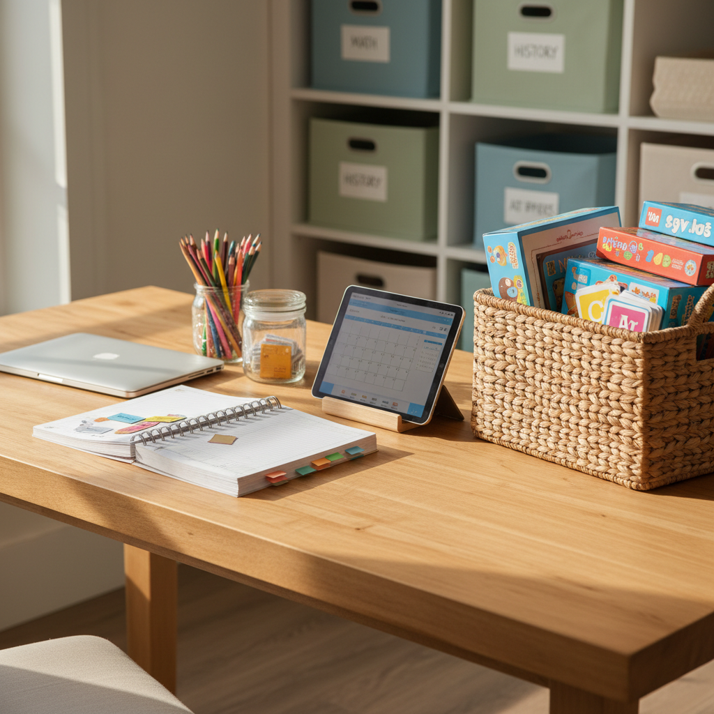 A cozy reading and planning nook showcasing homeschool must-have products with photographic realism. A wide, natural-wood desk holds a closed matte-white laptop, a spiral-bound homeschool curriculum book with colorful tabs, a lidded glass jar of sharpened pencils, and a slim tablet propped on a wooden stand. To the side, a woven basket overflows with neatly arranged educational games and flashcard sets. Natural afternoon light streams through an off-frame window, creating soft highlights on the desk grain and a gentle glow on the screens. The background fades into a softly blurred built-in bookshelf lined with labeled storage bins. Captured at an eye-level angle with a rule-of-thirds composition, the scene feels calm, practical, and inviting, embodying an organized homeschool space that makes life easier for busy moms.