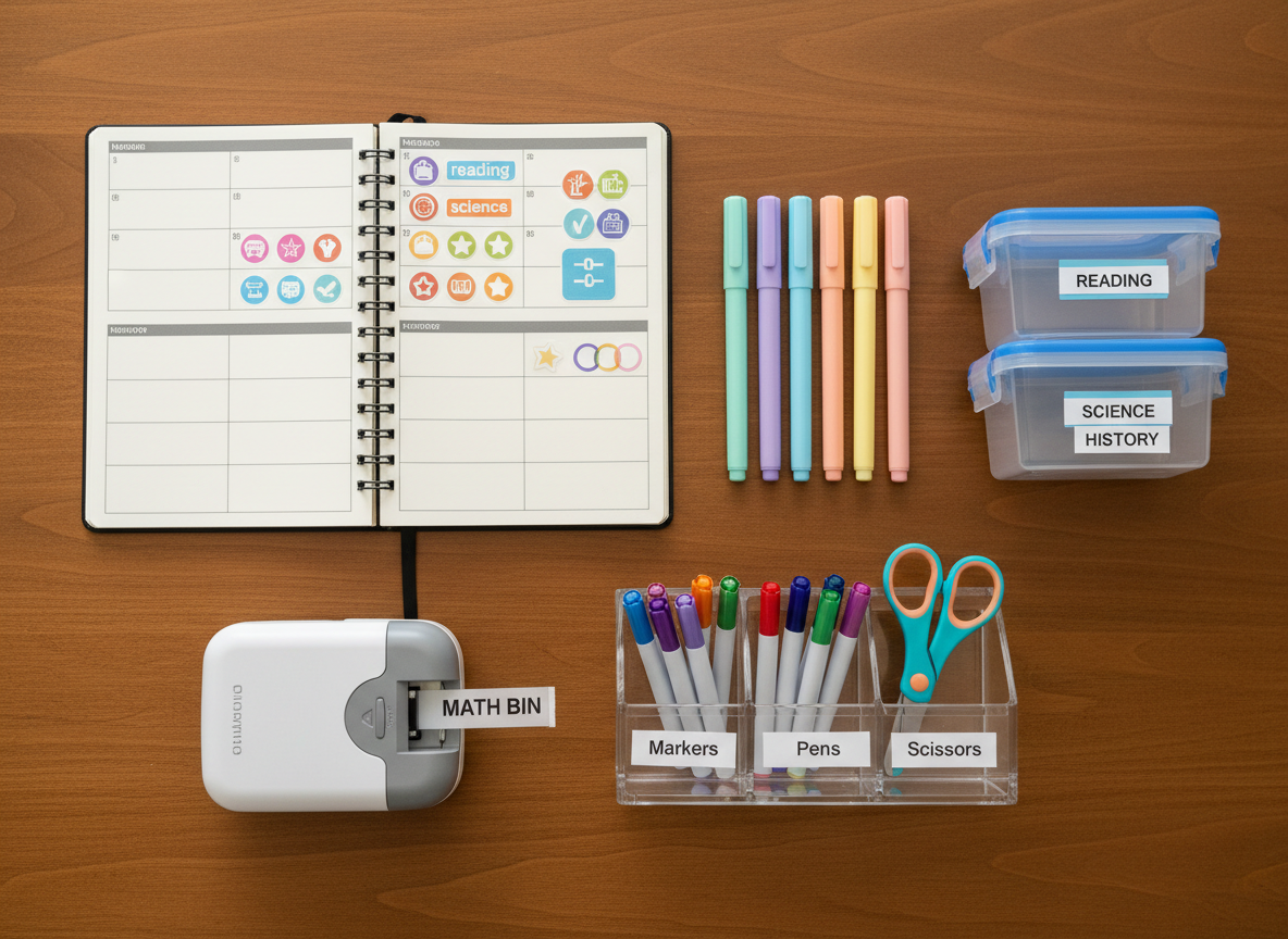 A product-focused flatlay dedicated to homeschool organization tools in high-detail photographic realism. On a warm wooden table lies an open planner with colorful but neatly arranged stickers, a set of pastel highlighters aligned in a gradient, a clear acrylic caddy filled with labeled compartments of markers and scissors, and a compact label printer mid-label with “math bin” emerging. Beside them, a small stack of plastic storage boxes with snap lids displays crisp, easy-to-read subject labels. Soft overhead daylight creates even, diffused lighting with delicate shadows along the stationery edges. The composition is carefully balanced with negative space near one corner for text overlay, emphasizing structure and calm. The atmosphere feels efficient yet friendly, perfectly suited to showcasing affiliate products that help moms streamline lesson planning and school-day chaos.