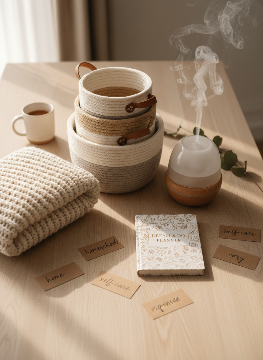 A curated flatlay of affiliate-friendly home and wellness products arranged on a pale oak tabletop, photographed in realistic detail. A neatly stacked set of neutral-toned storage baskets, a glass essential-oil diffuser emitting a faint mist, a hardcover planner with gold-foil lettering, and a folded chunky knit throw form the core subjects. Around them sit small product cards with tiny, legible labels like “home”, “homeschool”, and “wellness”. Soft morning light from an unseen window to the left casts gentle shadows and warm highlights, creating a calm, organized mood. Shot from a true bird’s-eye view with shallow depth of field toward the corners, the composition feels clean, modern, and professional, ideal for a homepage hero image representing real-life mom favorites without showing any people.