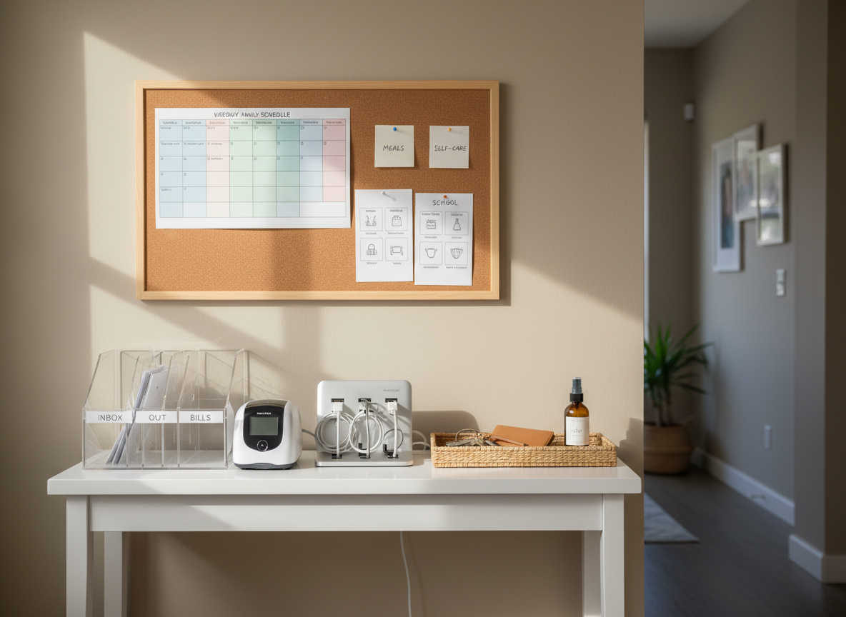 An organized entryway command-center scene designed to represent life-simplifying tools for moms in a professional, photographic style. A narrow white console table stands against a soft taupe wall, topped with a corkboard framed in light oak. The corkboard is neatly pinned with a color-coded weekly schedule, small printed chore charts, and product-tag sized notes labeled “meals”, “school”, and “self-care”. On the console surface sit a labeled acrylic mail sorter, a compact wireless label maker, and a sleek charging dock holding neatly coiled cords. A woven tray contains keys, a minimalist wallet, and a small bottle of calming room spray. Natural, late-morning light from the left creates crisp but gentle shadows, and the background softly blurs into a hint of a hallway. Shot at eye level using the rule of thirds, the mood is orderly, hopeful, and supportive of family routines.